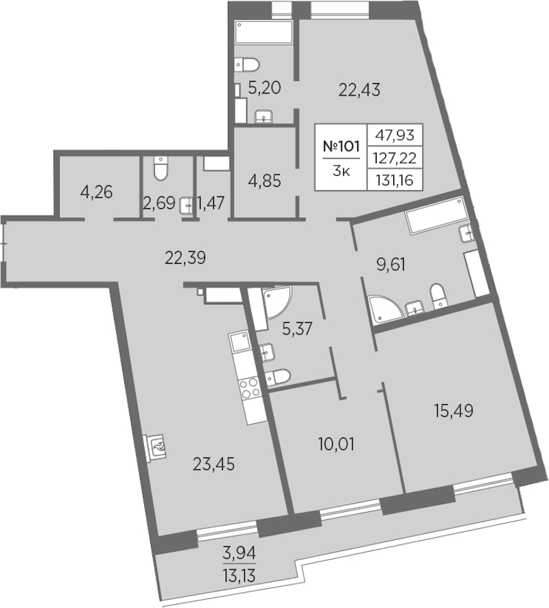 3-комнатная квартира 131.16 м², 7/7 эт., ЖК «Северная Корона»